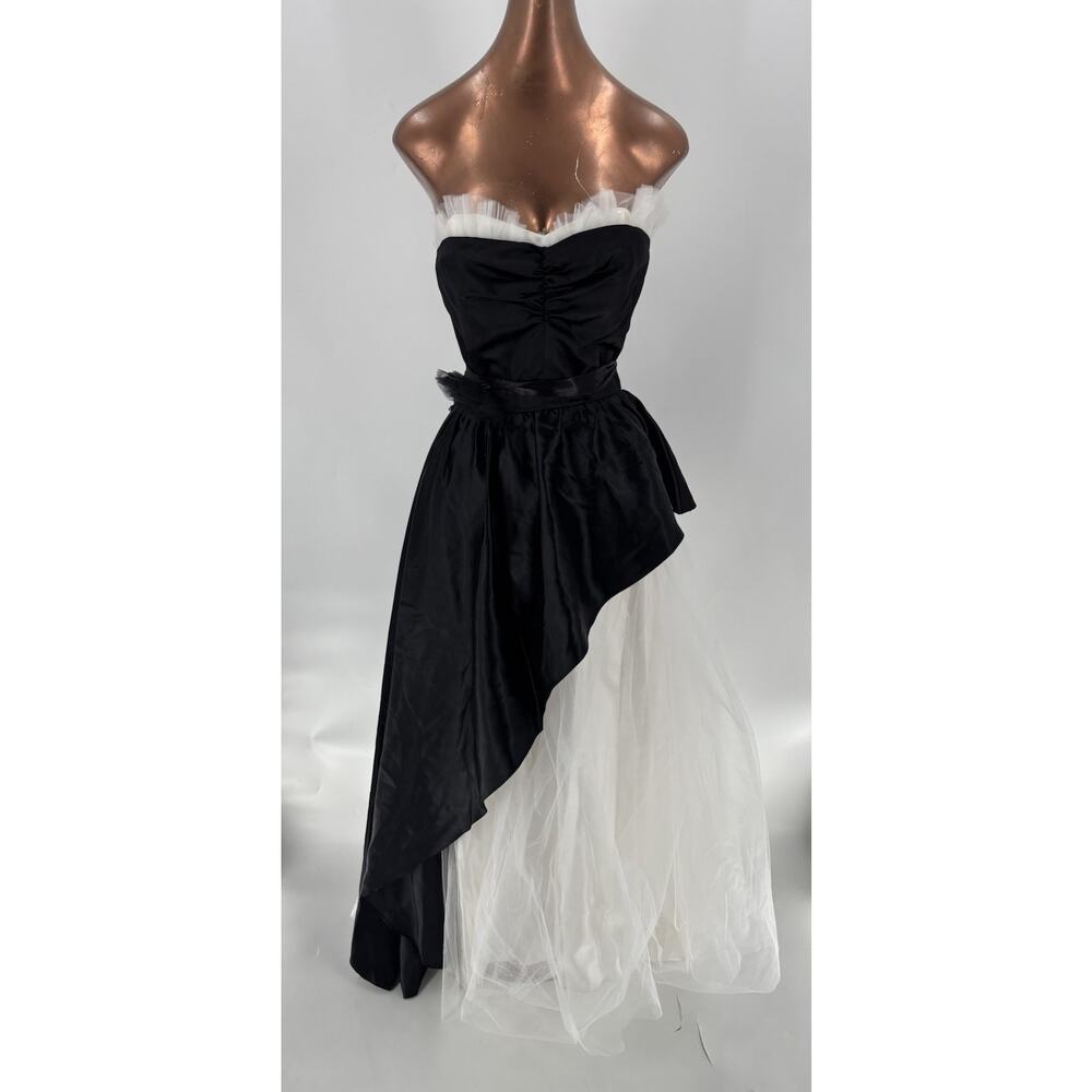 Vintage Jolie Madame Strapless Dress Womens 7/8 Black White Tulle Asymmetrical